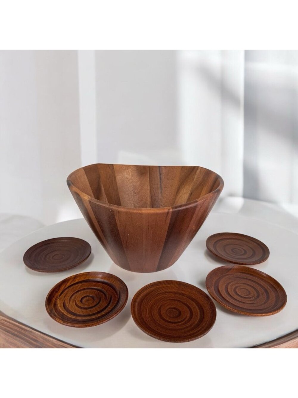 Lipper International Acacia Wave Large Wooden Salad Bowl & Saucer Plates